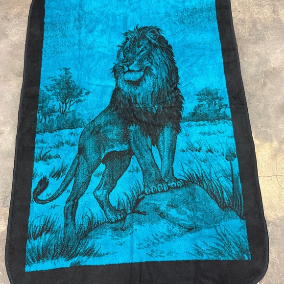 Vintage San Marcos El Original Lion Blanket Cobertor Teal/Black 57x87 in - Picture 1 of 10